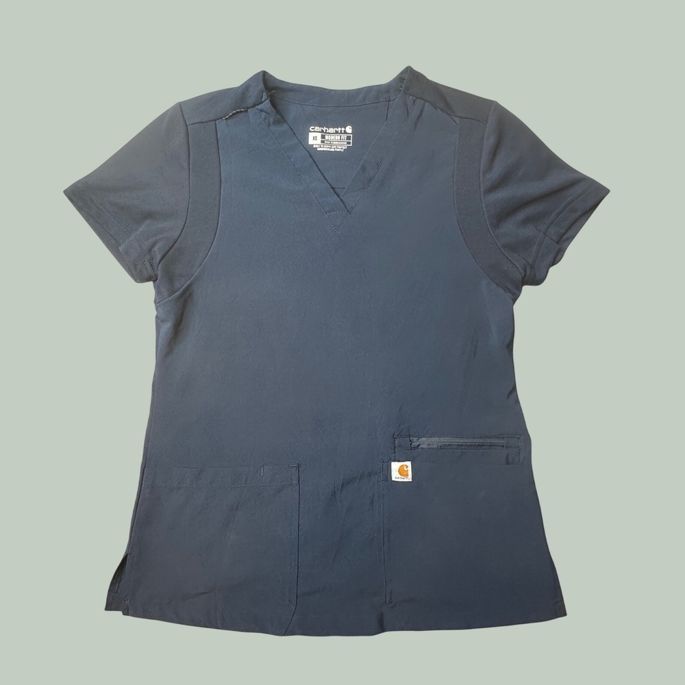 Carhartt Scrub Top Womens XS C13210 Force Modern Fit Navy Blue V-Neck Stretch